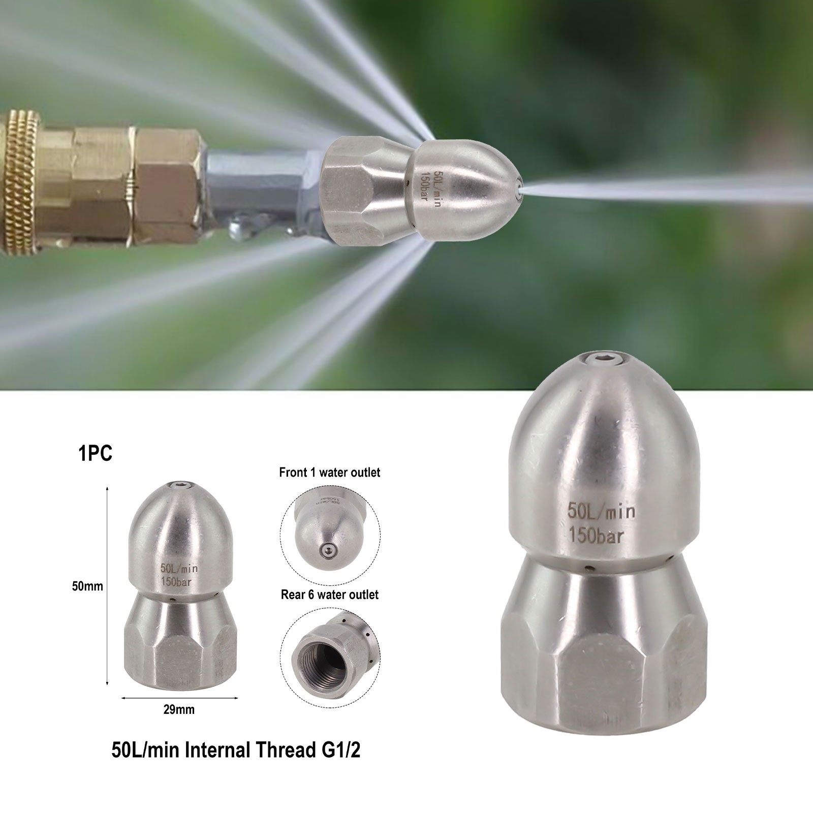 Cleaning Tool High Pressure Nozzle for Sewage Pipes 12 Internal Thread Front