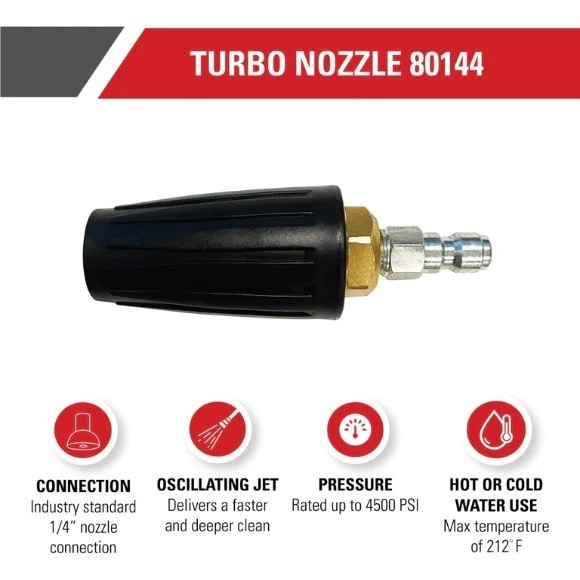 80144 Universal Turbo Pressure Washer Nozzle – 4500 PSI, 1/4″ Quick Connect
