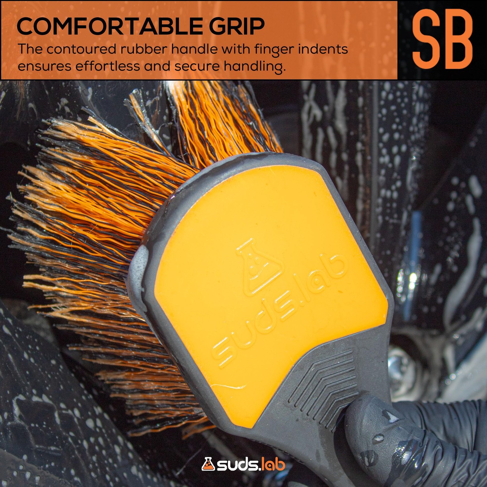 Suds Lab Wheel Spoke Brush Rubberized Handle Soft Bristle Black and Orange