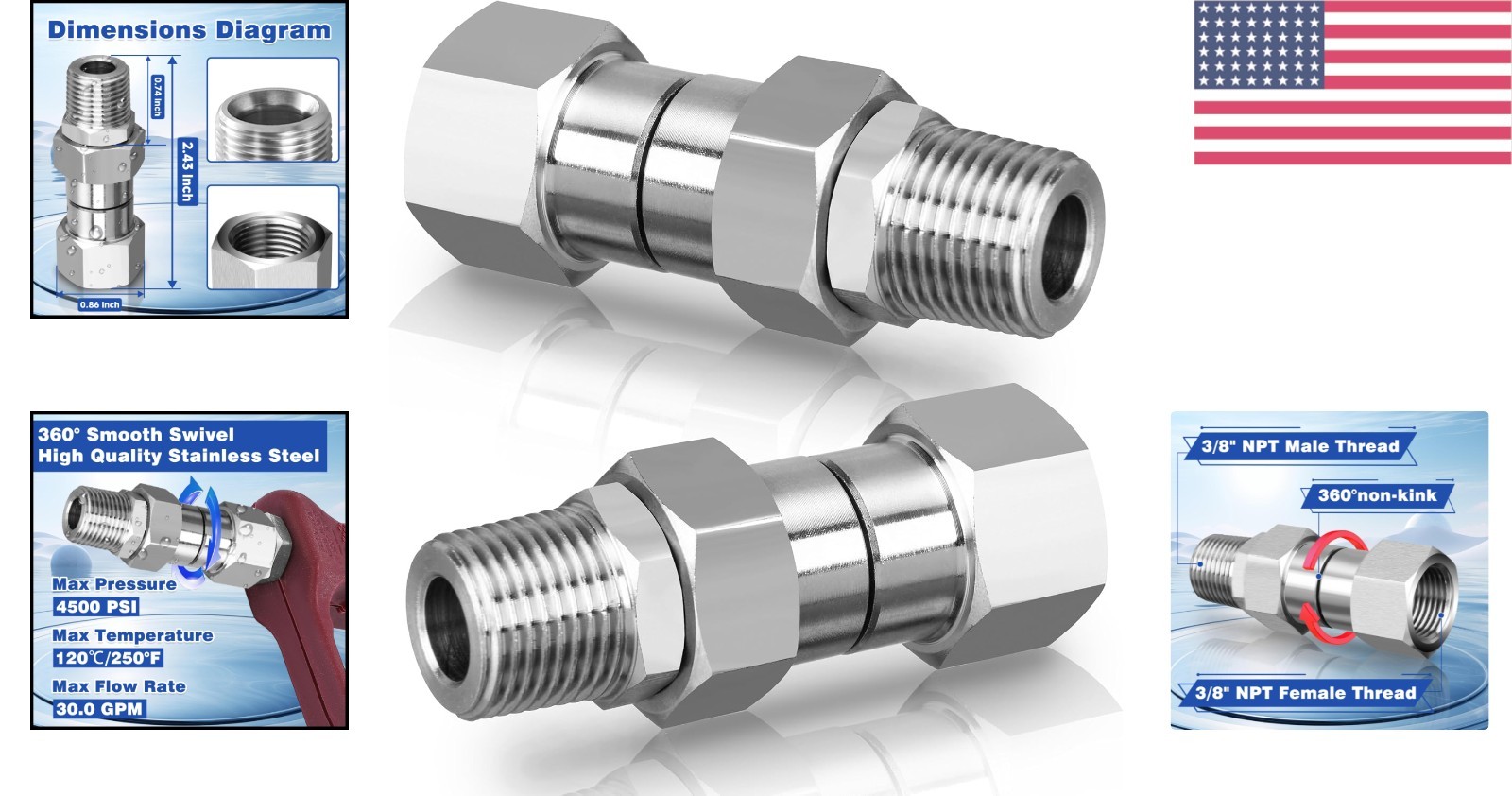 Professional 3/8″ NPT Swivel Fitting Set – 2 Pcs, 4500 PSI Anti-Twist Design