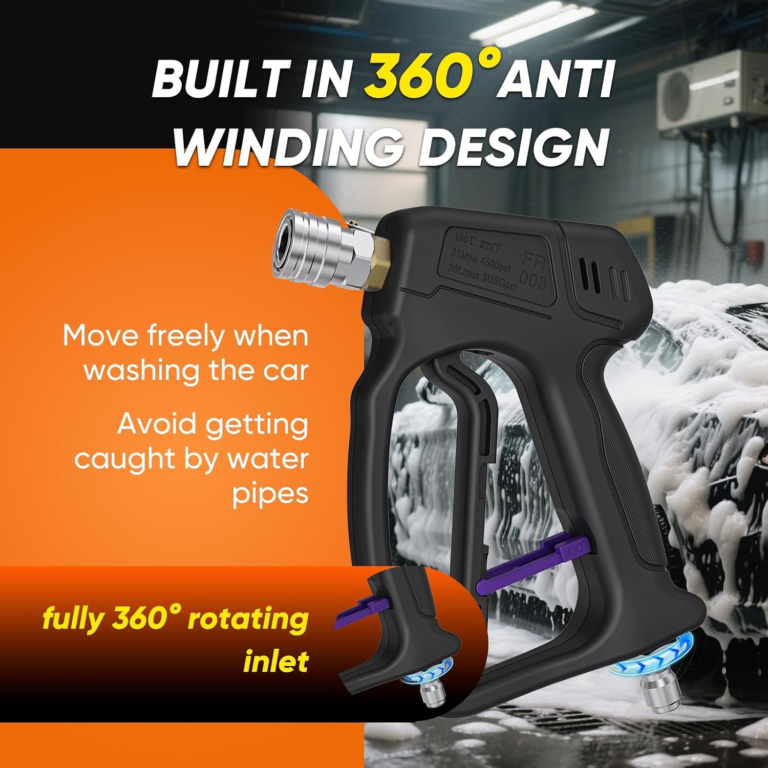 4500 PSI Short Pressure Washer Gun with Foam Cannon, 5 Nozzles, 1/4″ Quick Conne