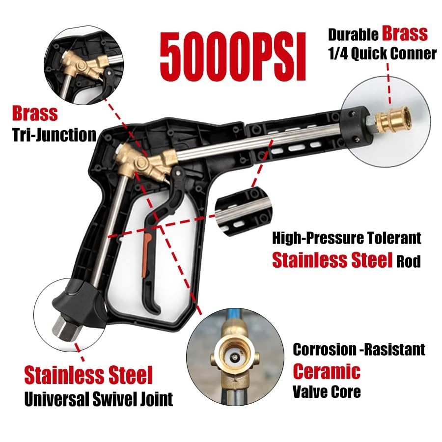 Swivel Pressure Washer Gun 5000PSI Short Wand with 5 Nozzles & Adapters for Car