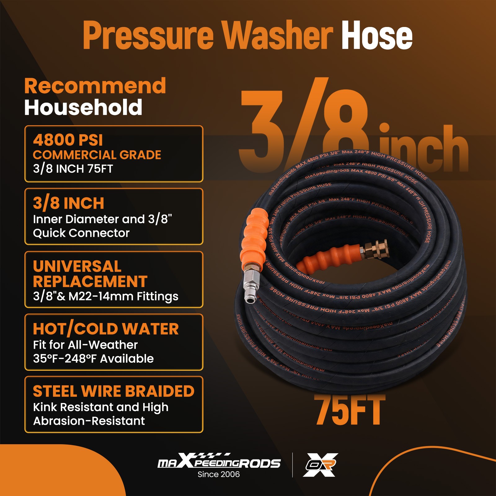 3/8″ Quick Connect Pressure Washer Hose 75FT 4800PSI Max 248°F Steel Wire Braid