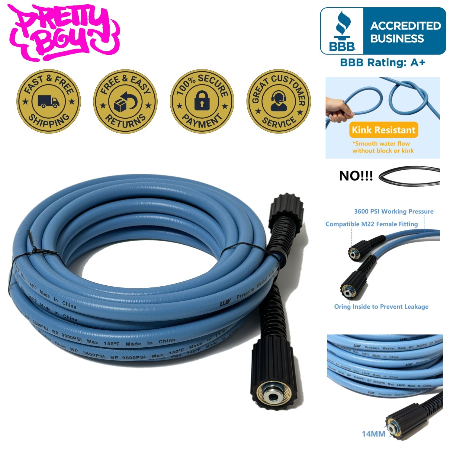 High-Pressure 25FT Hose with M22 Connectors, 3600PSI for Heavy-Duty Cleaning