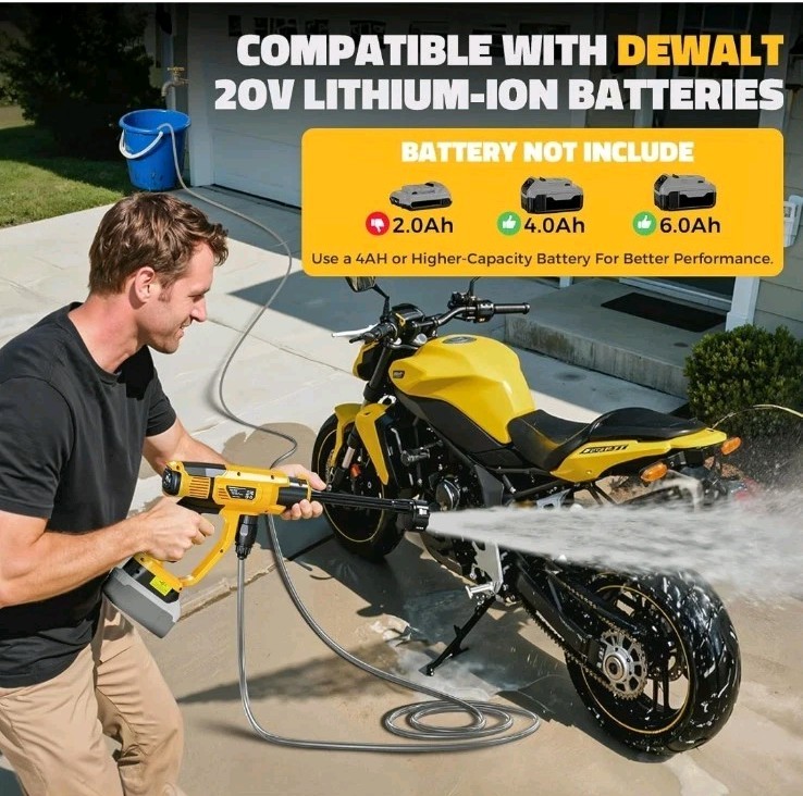 Portable Car Cleaning Tool Fits 20V Dewalt Battery 6-in-1 Nozzle & Foam Cannon