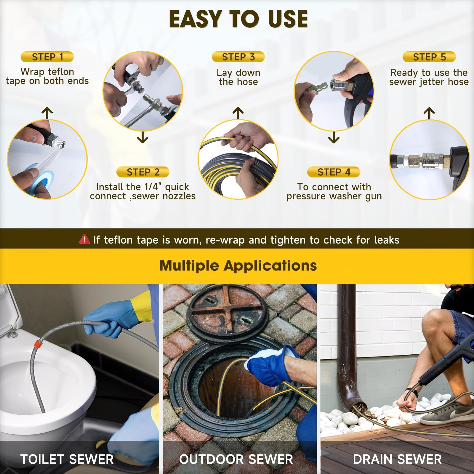 Sewer Jetter Kit for Pressure Washer, 5800PSI Drain Cleaner Hose 1/4 Inch NPT…