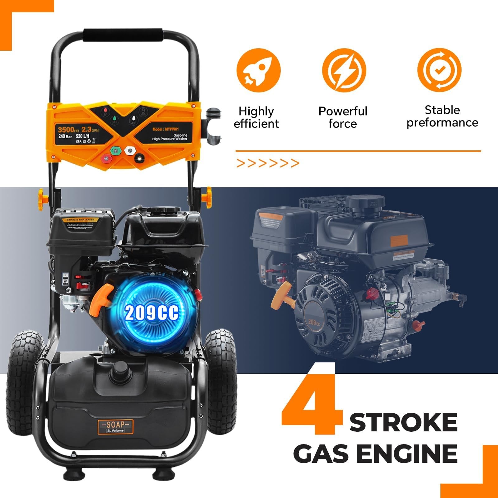 Efurden Gasoline High pressure washer Portable 3500 PSI 2.3 GPM for Cars Fences