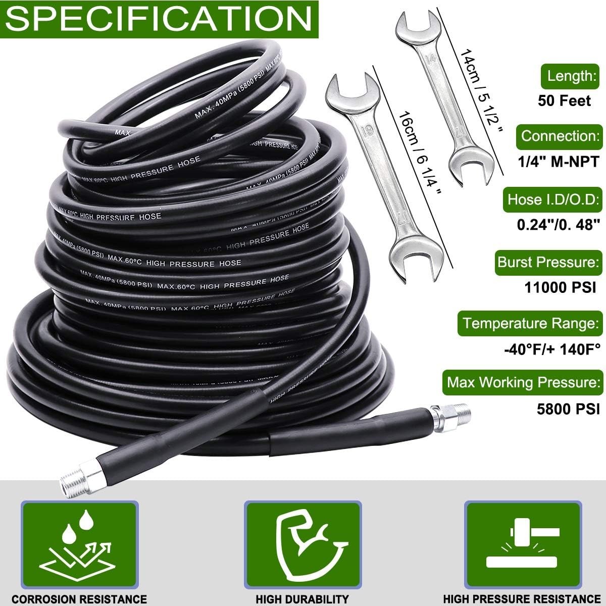 Sewer Jetter Kit 50FT for Pressure Washer, 5800PSI Drain Cleaner Hose 1/4 Inc…