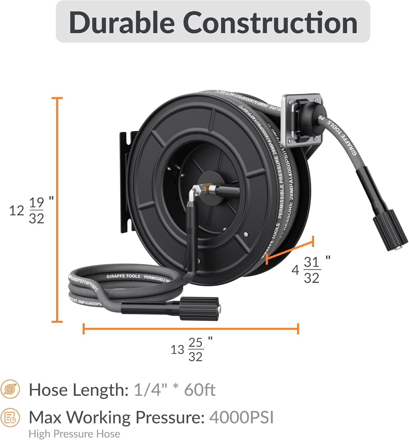 Giraffe Tools Pressure Washer Hose Reel with 60Ft Replaceable Hose, Power Washer