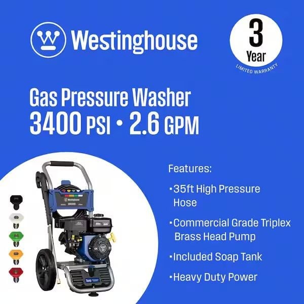 Westinghouse WPX3400 3400 PSI 2.6 GPM Gas Powered Pressure Washer with 5 Quick