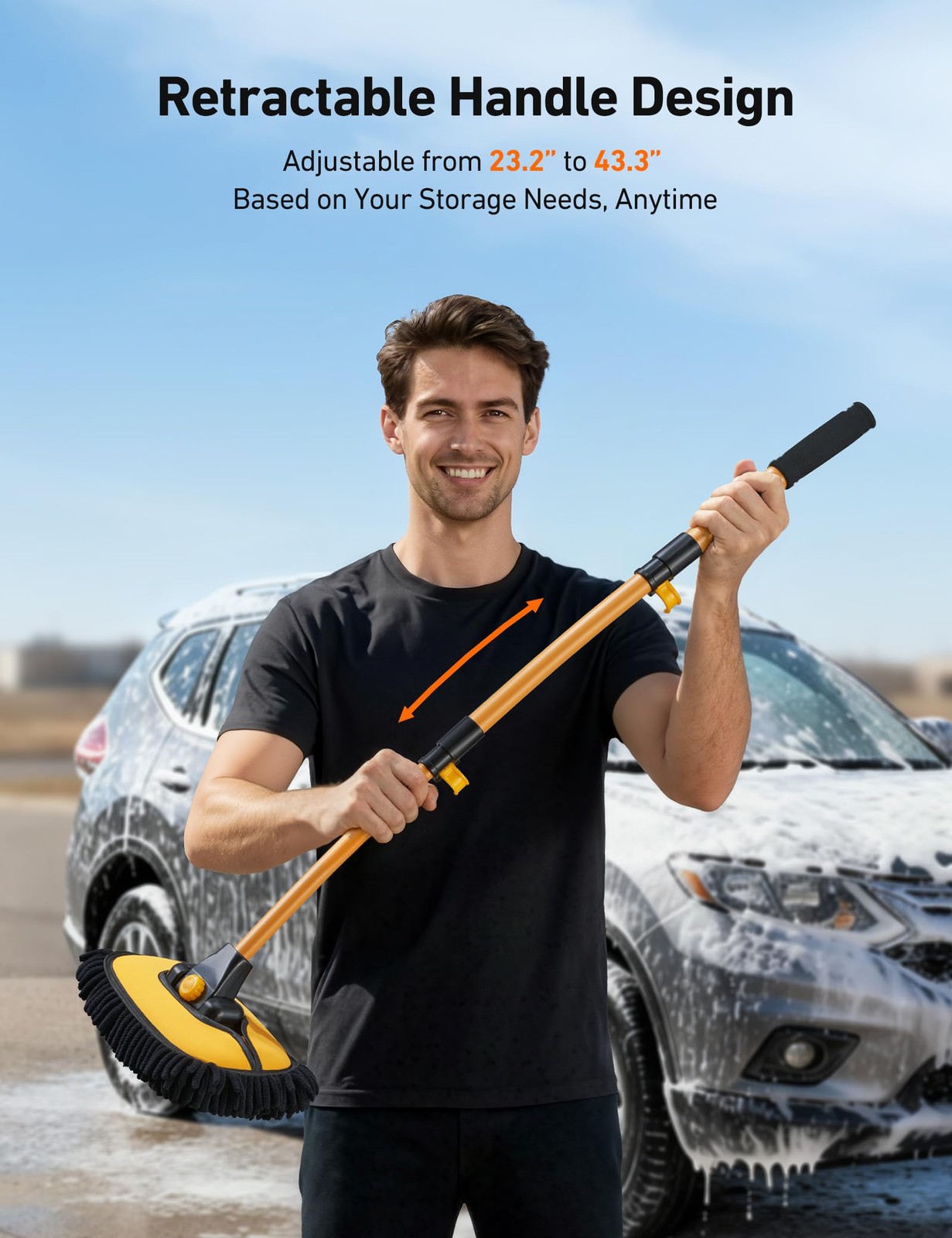 AstroAI 15°Curved Car Wash Brush with 43″ Long Handle and 43 inches, Yellow