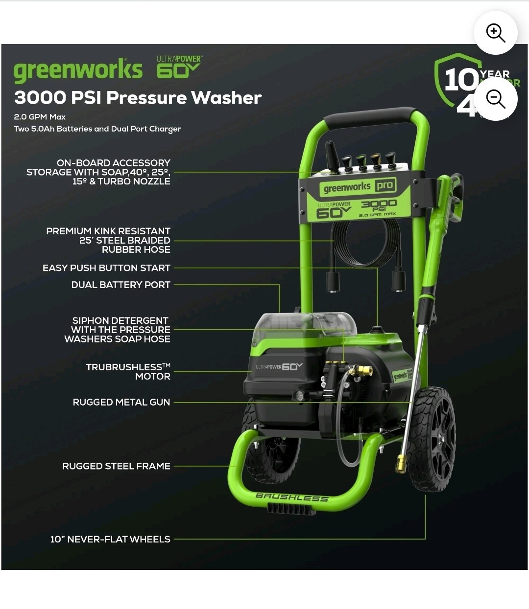 Greenworks Corded/60V 3000-PSI 2.0 GPM Electric Pressure Washer w/ 5.0Ah Batteri