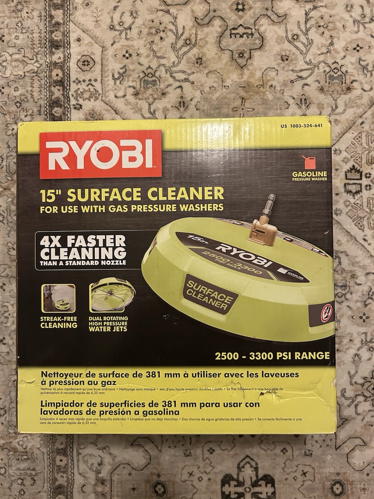 Ryobi 15 in. 3400 PSI Gas Pressure Washer Surface Cleaner with Caster Wheels