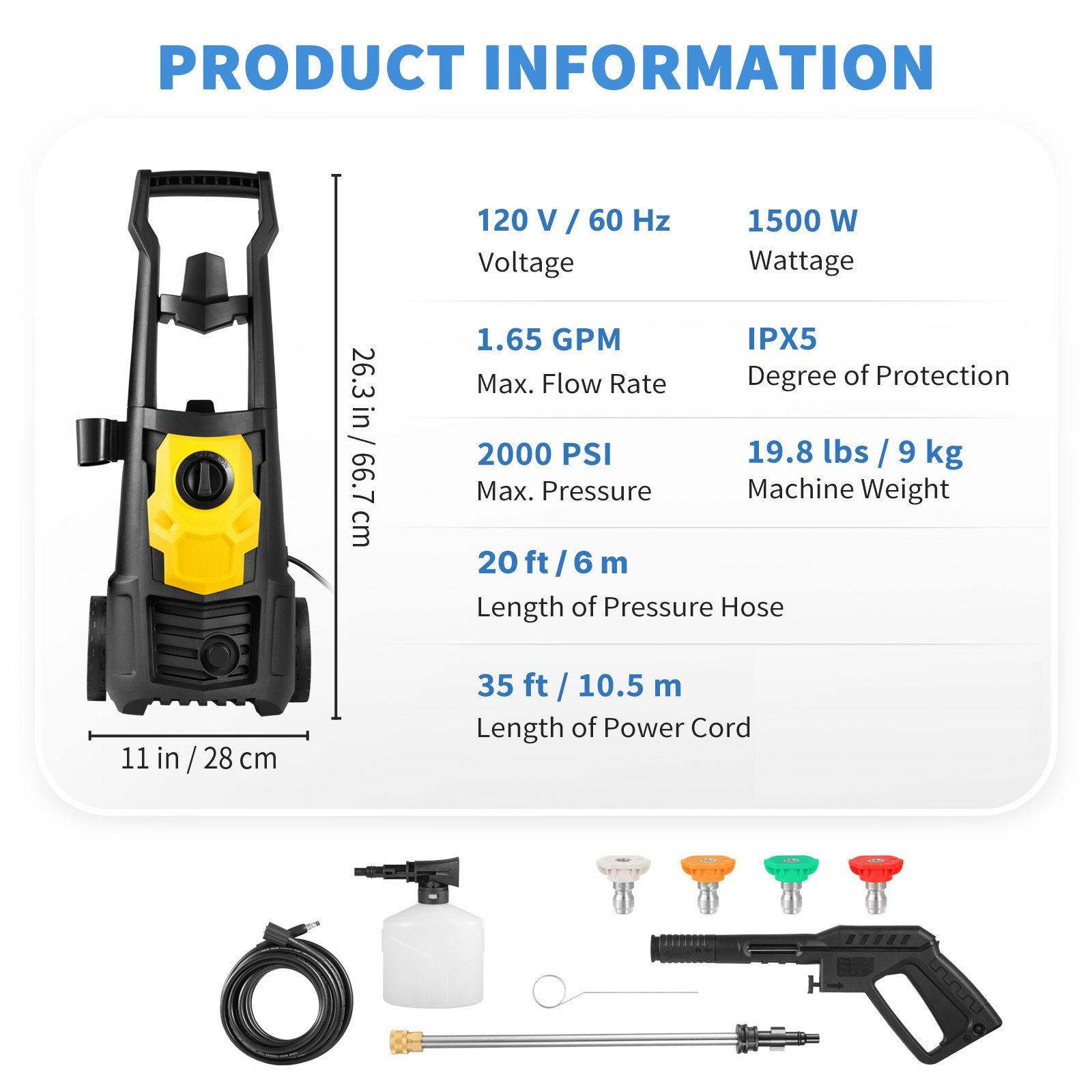 Electric Power Washer, 2000 PSI, Max 1.65 GPM Pressure Washer with 30 ft Hose &