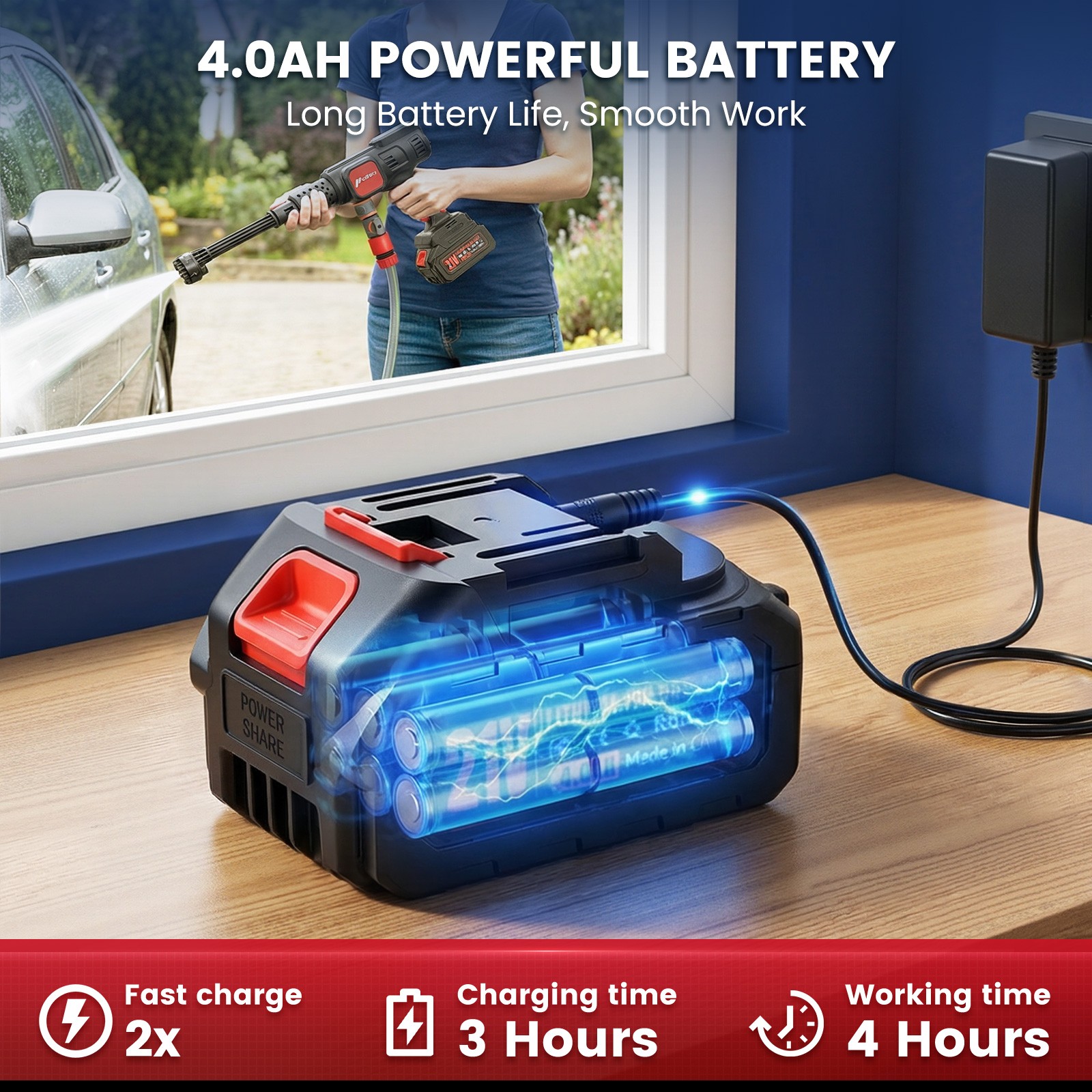 Cordless Pressure Washer 140Bar Power Washer with 7-in-1 Nozzle W/ 2 Battery