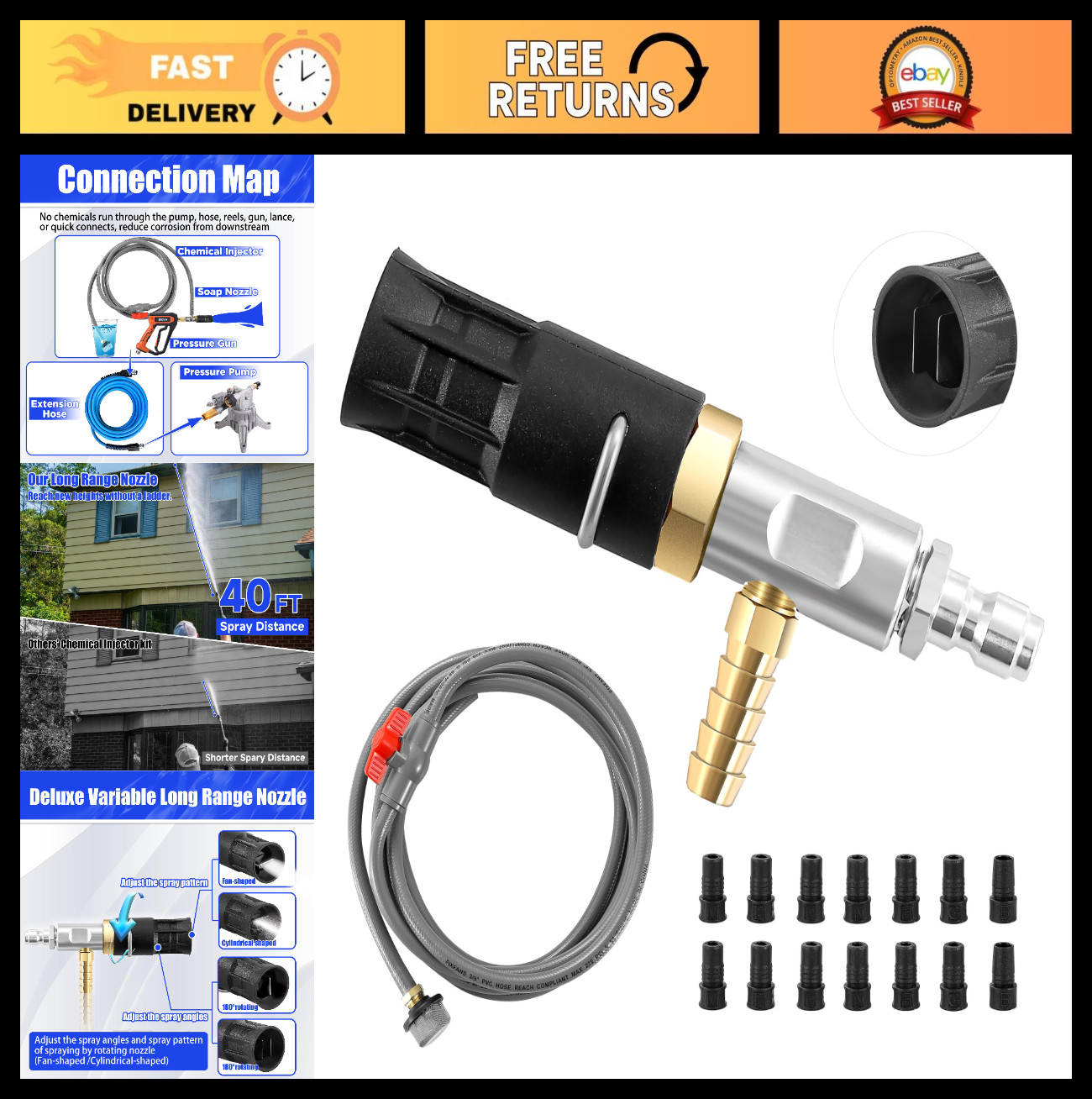 Adjustable Long Range Pressure Washer Nozzle Kit, 2000-3000 PSI, Chemical Inject