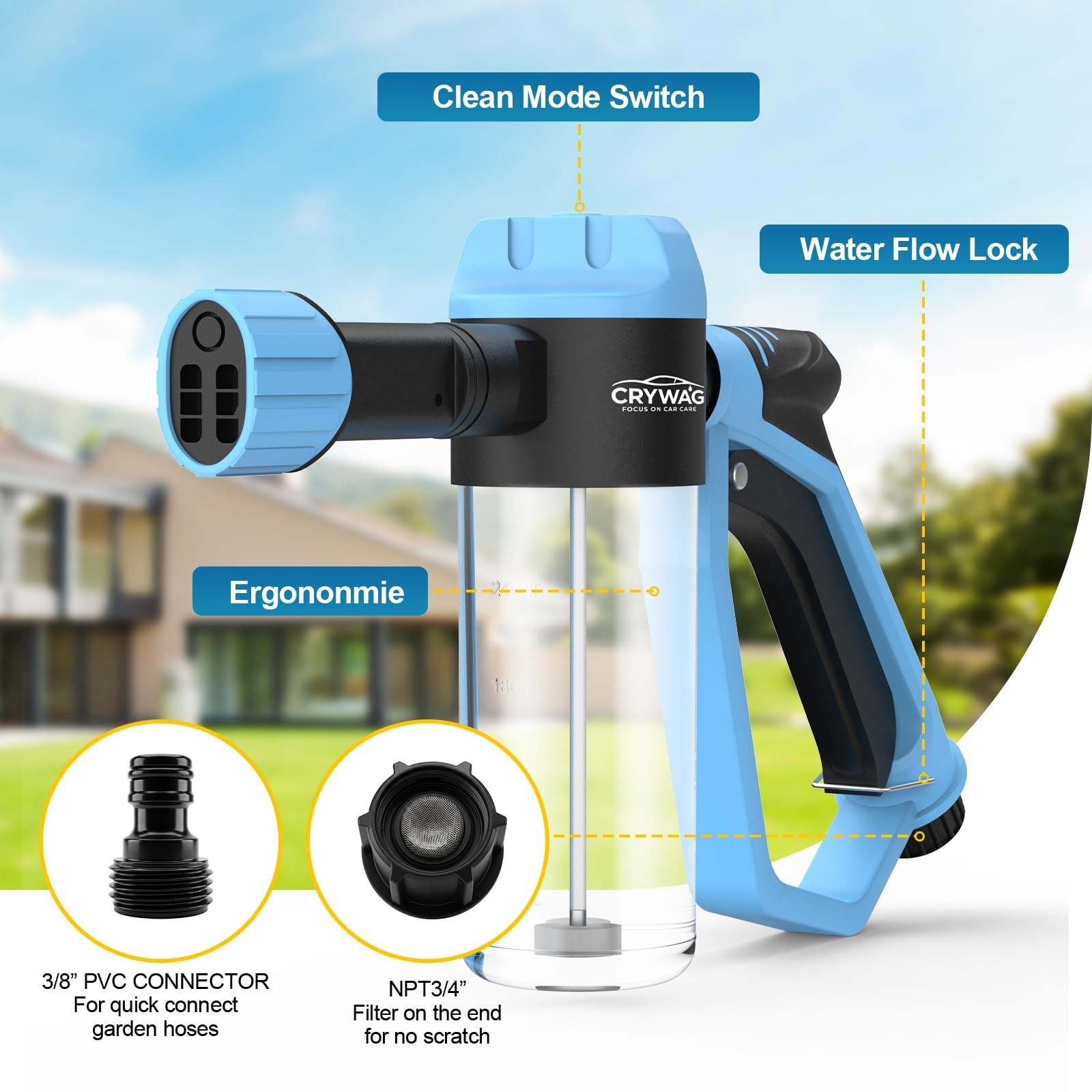 Car Foam Cannon Gun Garden Hose Soap Sprayer Wash Mitt 3 Modes Outdoor Cleaning