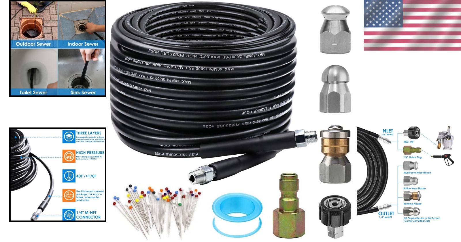 Versatile 50FT Sewer Jetter Kit for High PSI Pressure Washing and Cleaning