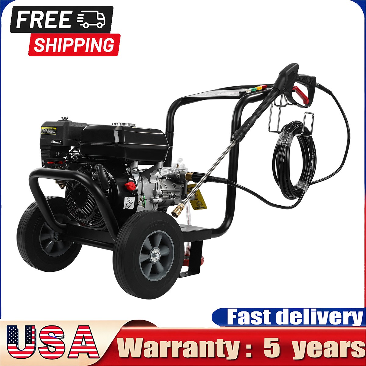 7HP Petrol Pressure Washer 3500PSI Hose Heavy Duty Water Cleaner with 5 Nozzles