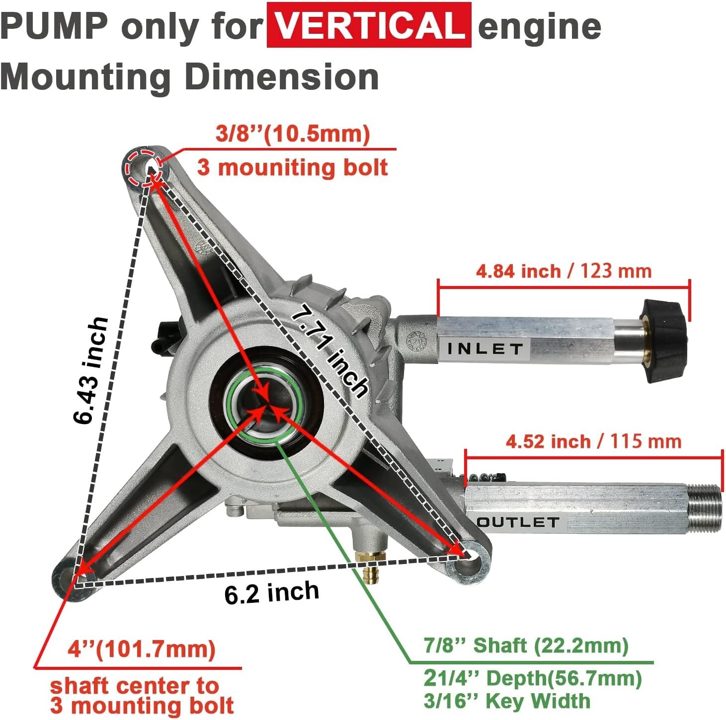 YAMATIC 7/8″ Shaft Vertical Pressure Washer Pump, 2200-2500 PSI @2.2 GPM