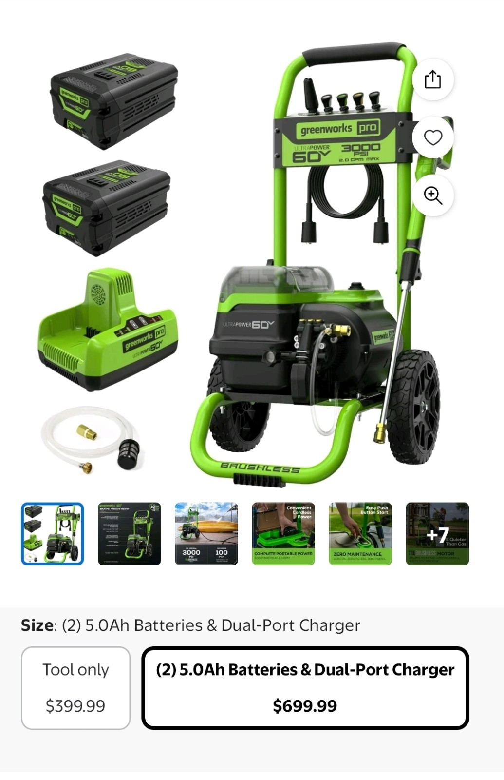 Greenworks Corded/60V 3000-PSI 2.0 GPM Electric Pressure Washer w/ 5.0Ah Batteri