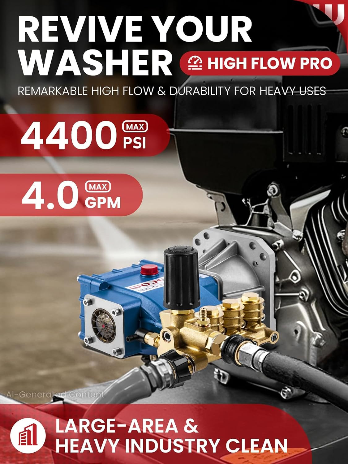 Triplex Plunger Pressure Washer Pump, 4400PSI 4.0GPM, 1″ Shaft, Self-Priming, Ho