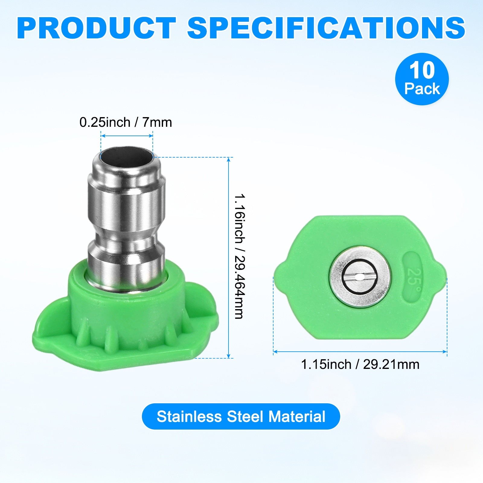 10PCS 25 Degree Pressure Washer Nozzle, 1/4 Inch Quick Connect, 4000PSI [Green]