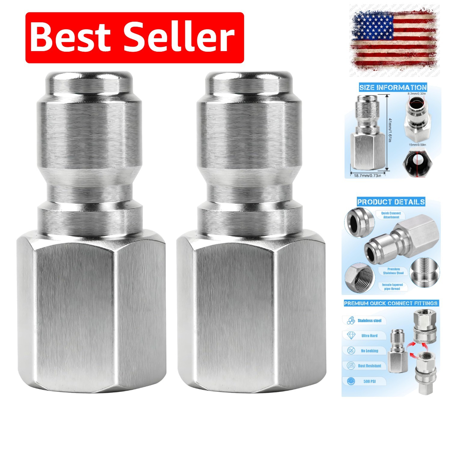 2Pcs Pressure Washer Coupler – Stainless Steel 1/4″ or 3/8″ Male Quick Connec…