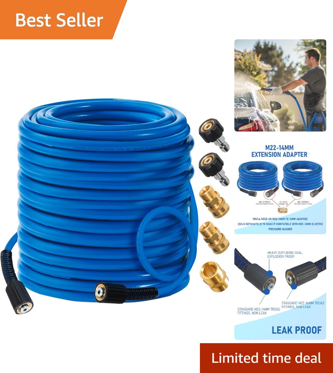 Flexible 100 FT Pressure Washer Hose – 3600 PSI with 5 Adapters for Versatility