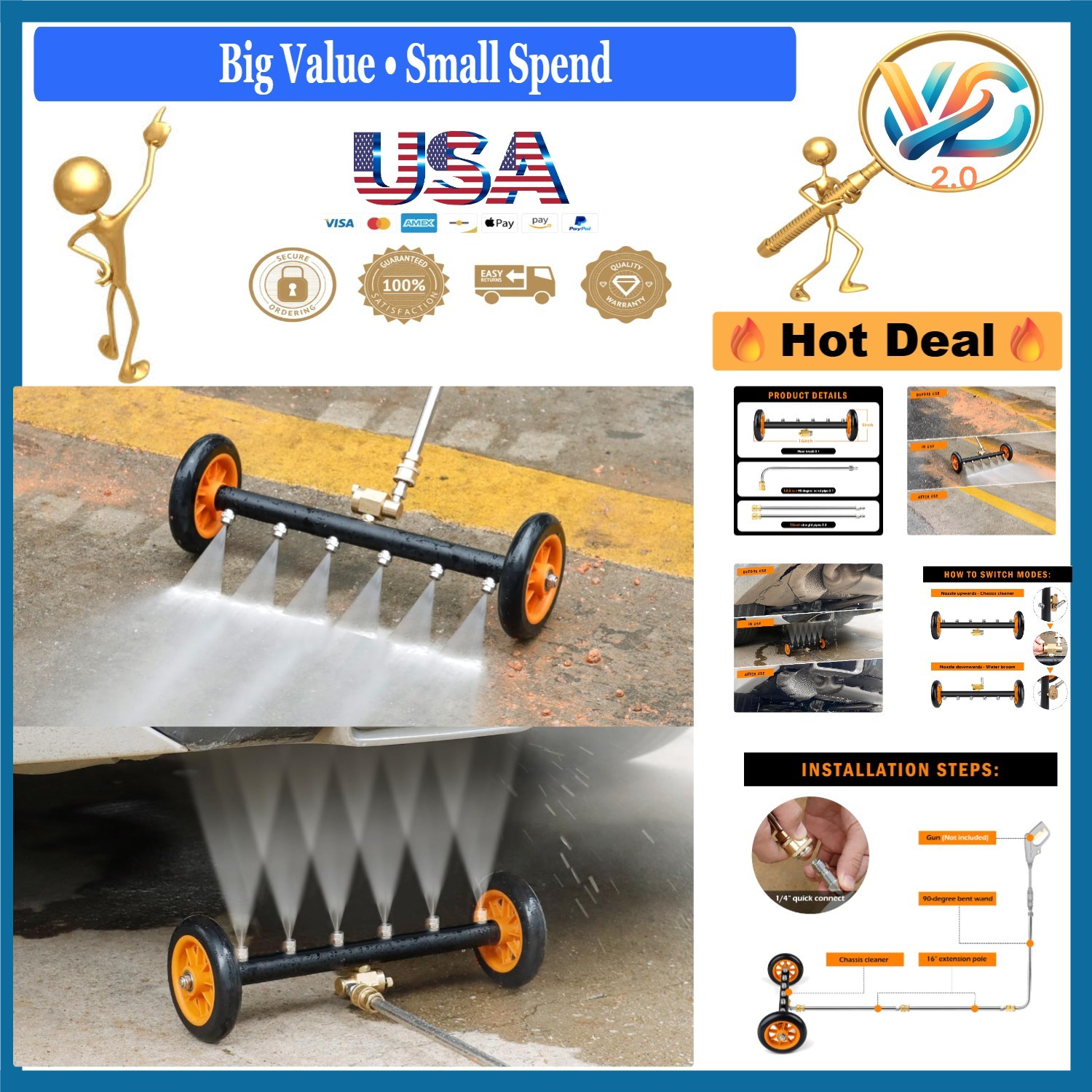 Stainless Steel 16-Inch Dual-Function Water Broom for Pressure Washer 4000 PSI
