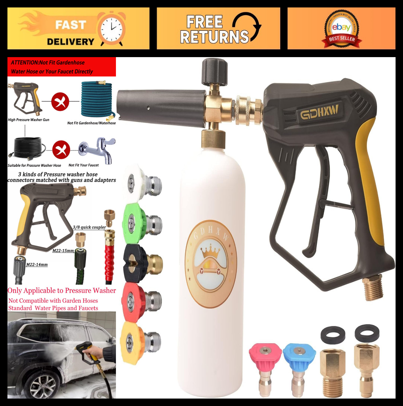 High Pressure Washer Gun with Foam Cannon, 7 Nozzles & 2 Adapters for Car Wash