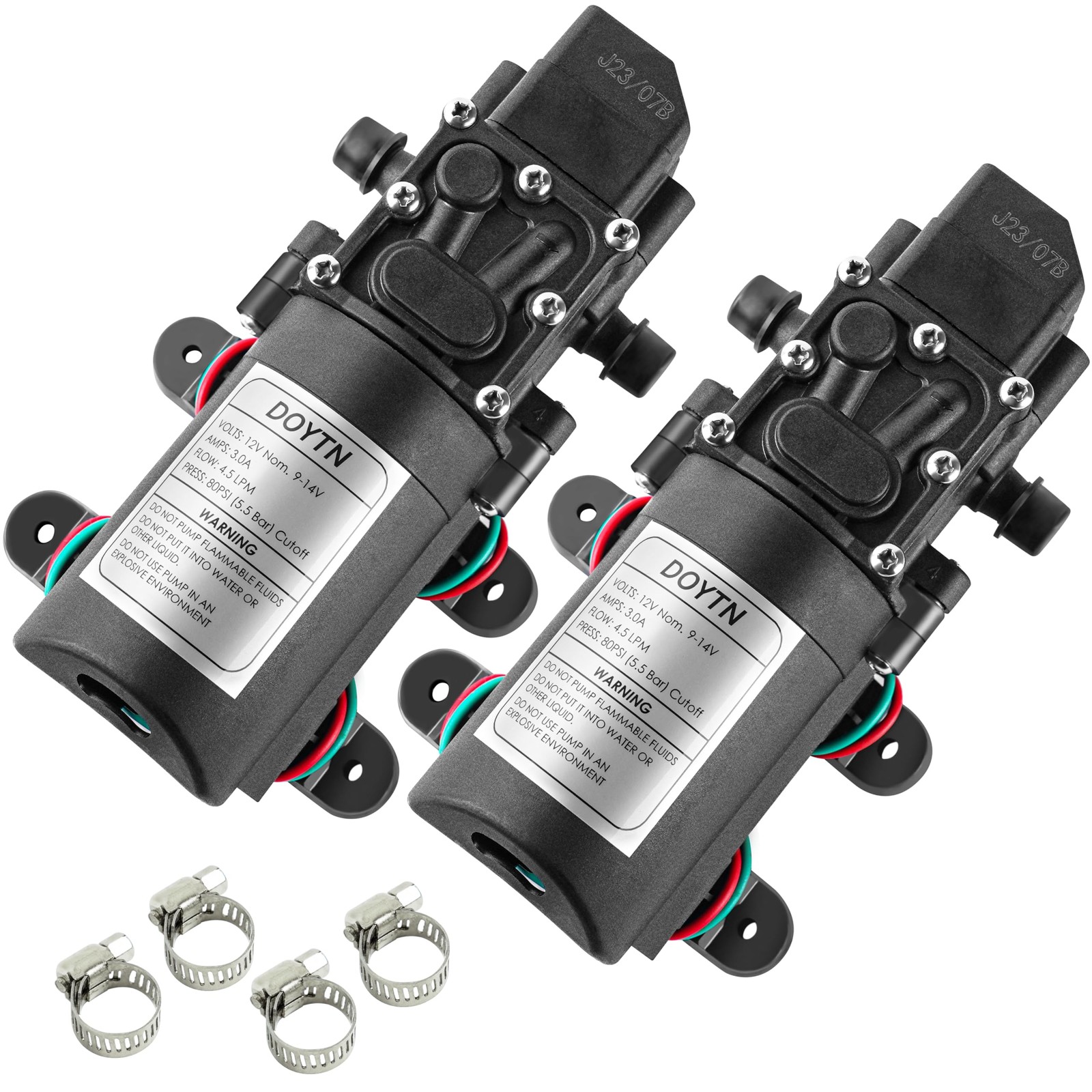 2 PCS 12V Diaphragm Water Pump 1.2 GPM 80 PSI Self Priming Sprayer Hose Clamp