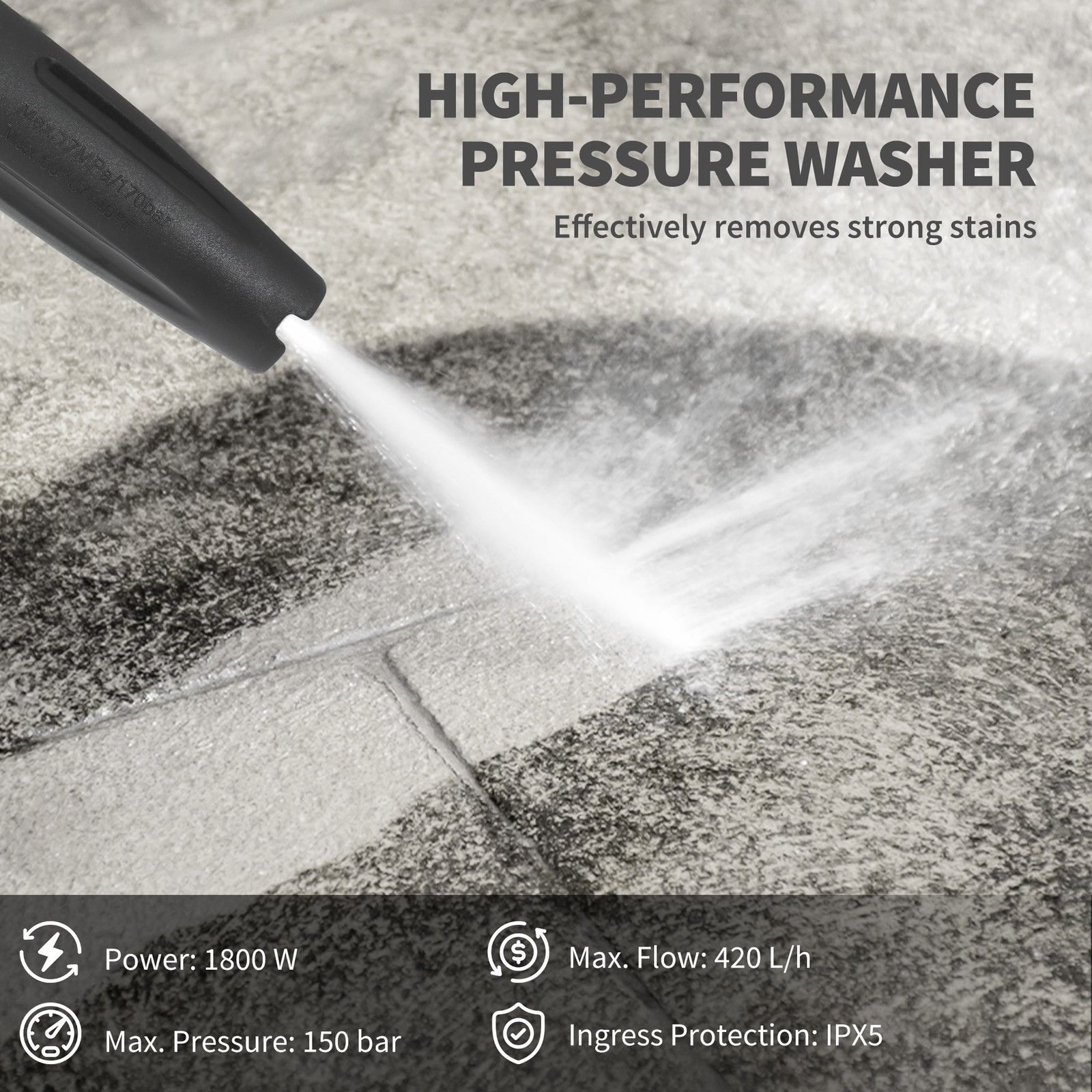 1800W 150-Bar Pressure Washer, With Adjustable Nozzle – Yellow