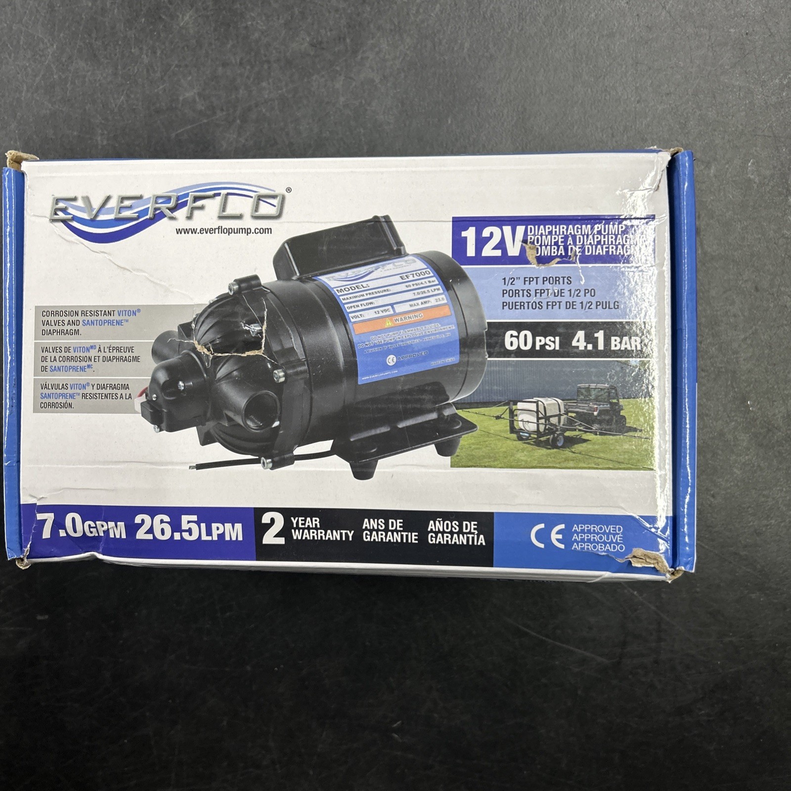 Everflo EF7000-BOX 7.0 GPM 12V Diaphragm Pump-1/2 FNPT Ports, Black
