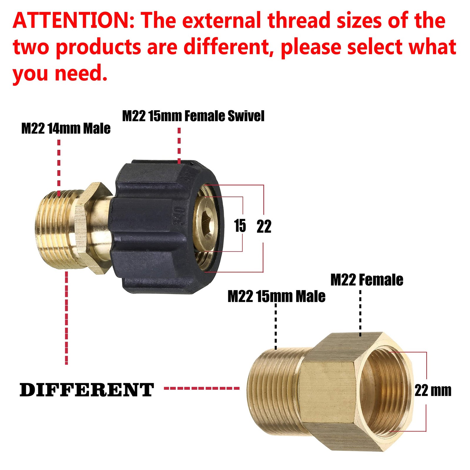 Pressure Washer Adapter, Metric M22 15mm Female Thread to M22 14mm Fitting, 4…