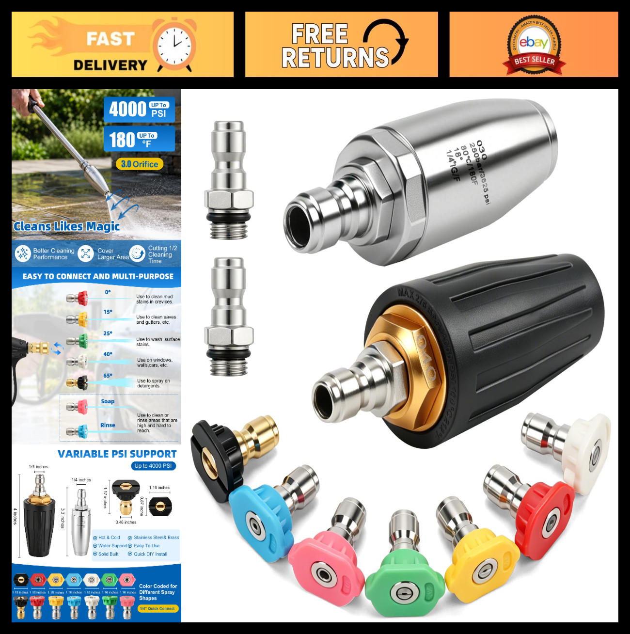 2 Pack 4000 PSI Pressure Washer Nozzles – 360° Rotating Turbo Tips & 7 Cleaning