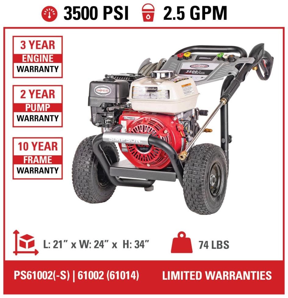 Simpson 61014 3500 PSI 2.5 GPM Gas Powered Cold Water Pressure