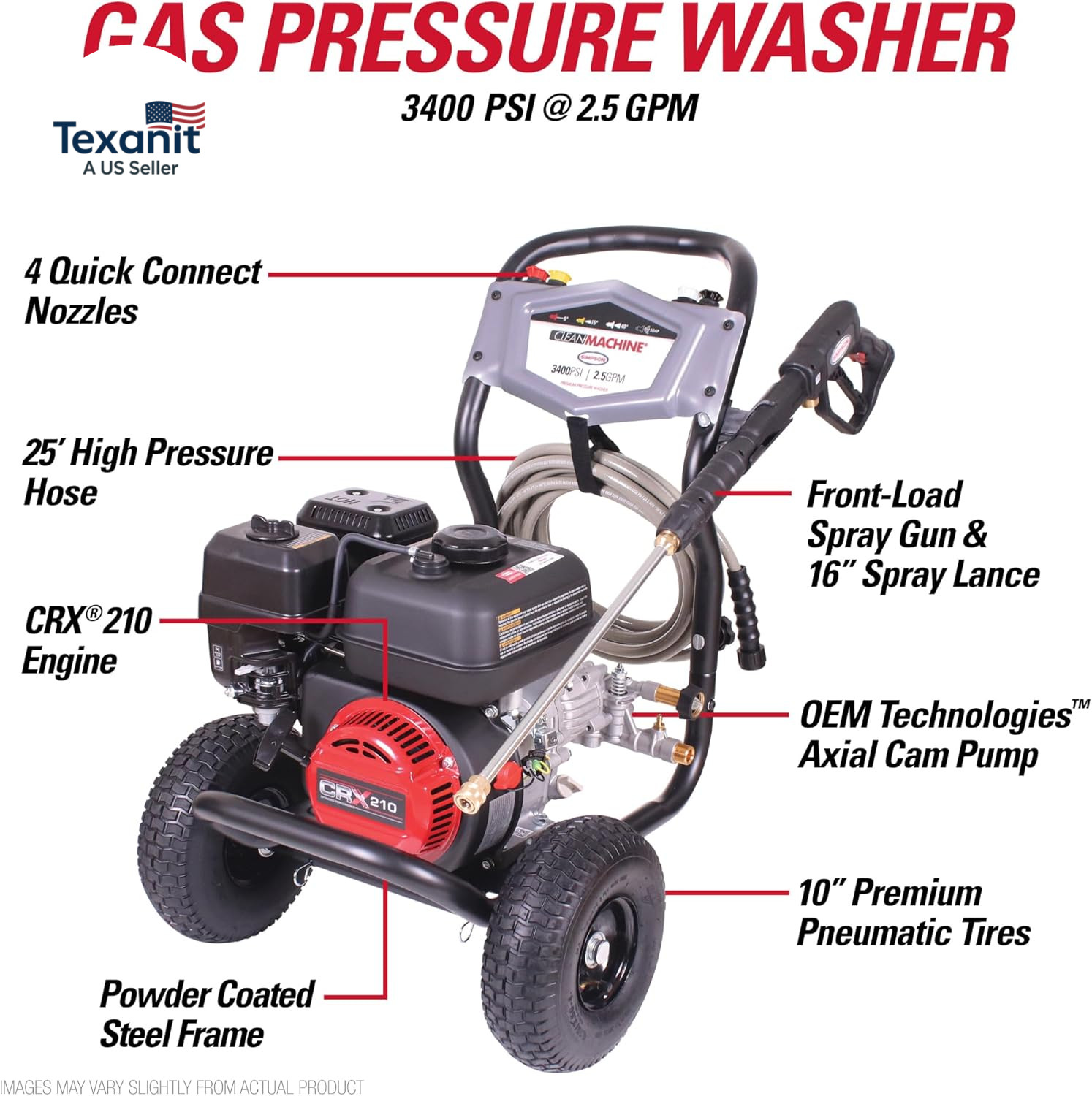 3400 PSI Gas Pressure Washer, 2.5 GPM Residential Power Washer, Cold Water, 25′