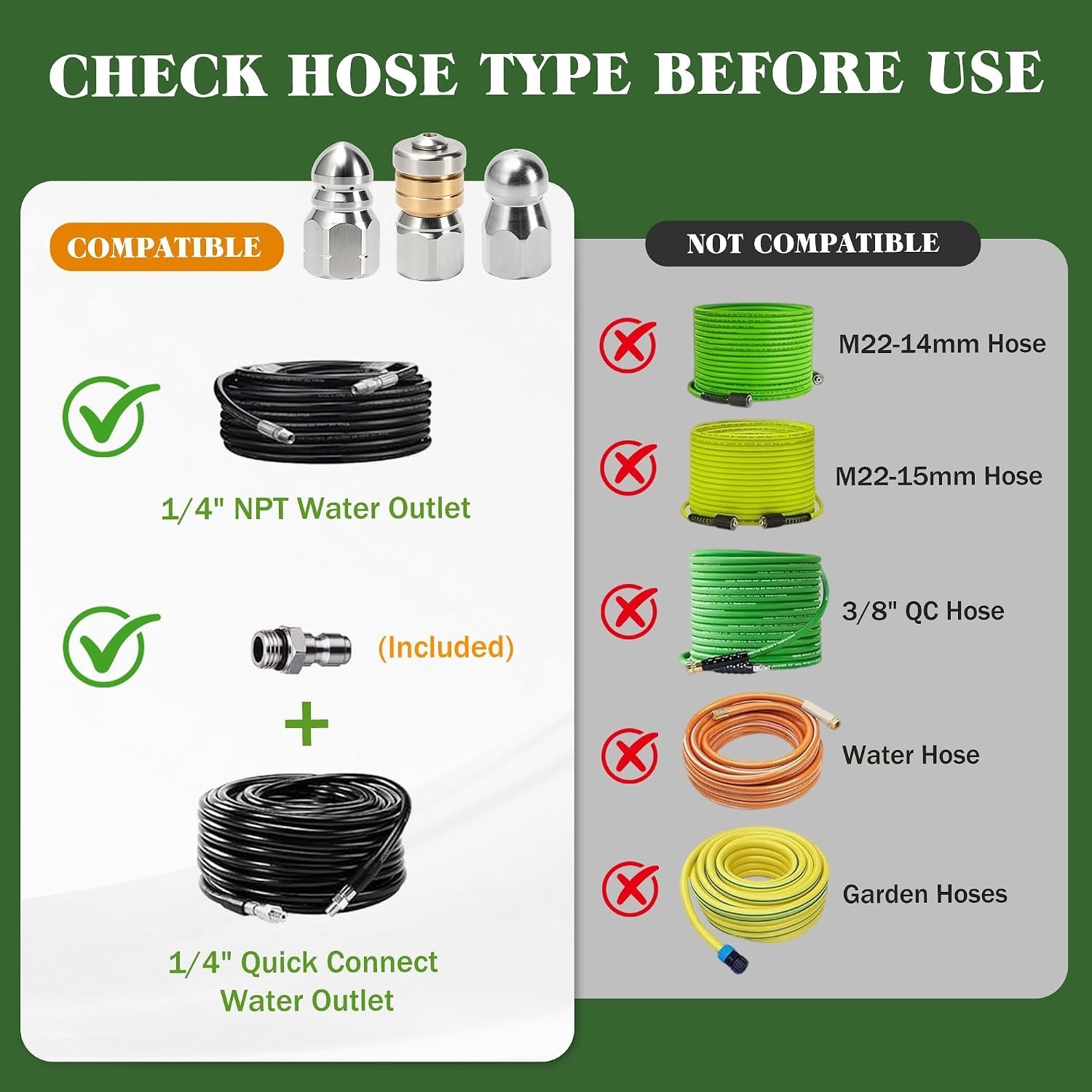 Sewer Jetter Nozzle Kit, 3-Pack, 1/4” Quick Connect, 5000 PSI