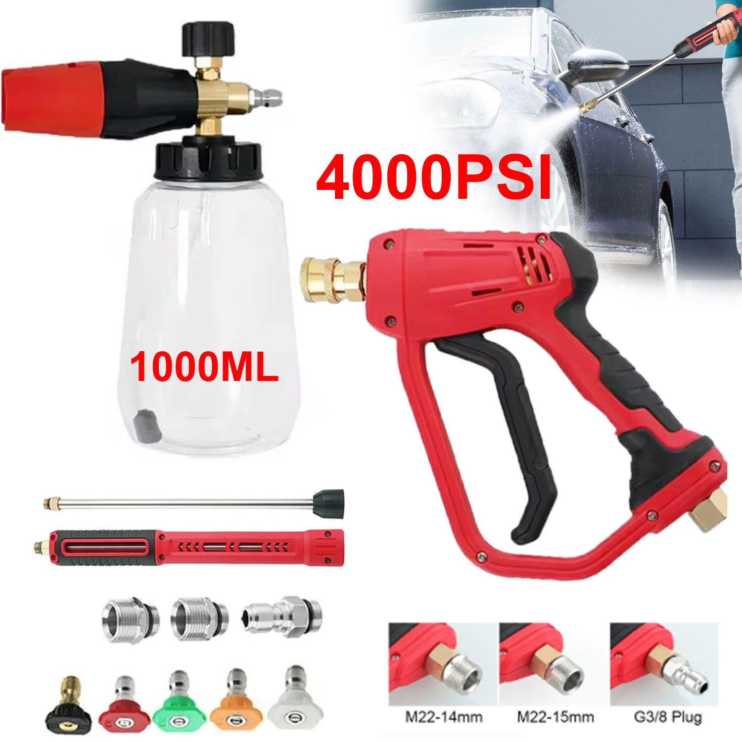 4000PSI Pressure Washer Gun Car Wash Lance, 1L Cannon Spray Bottle Snow Foam