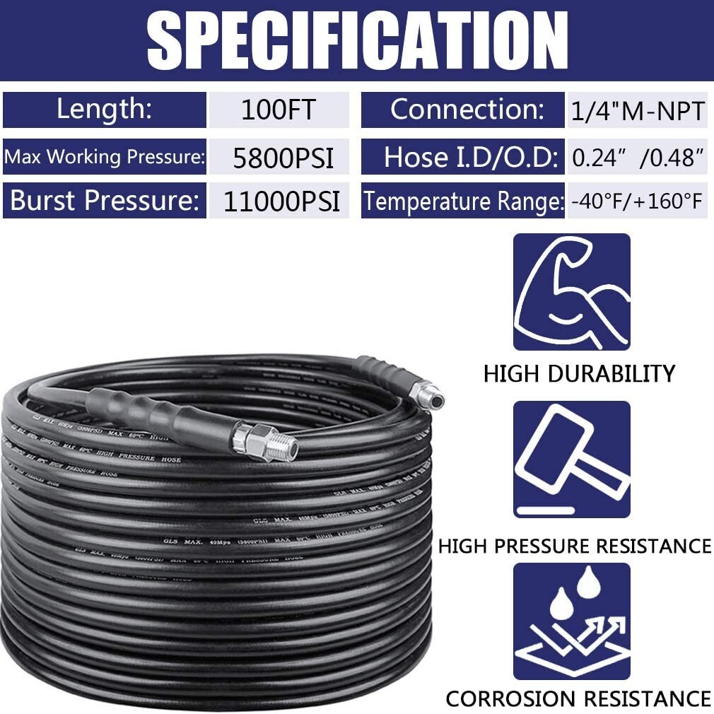 Sewer Jetter Nozzles Kit 100FT Drain Cleaning Hose for Pressure Washer 5800PSI