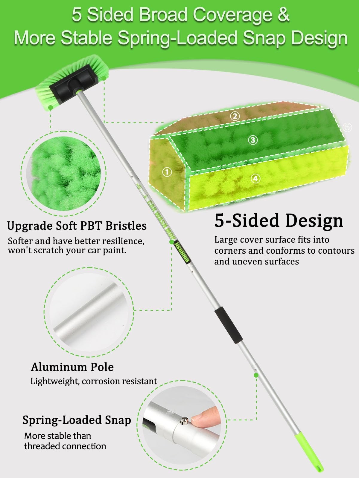 Jisejima Five-Sided Car Wash Brush with Long Handle，Soft Bristle Scrub Green