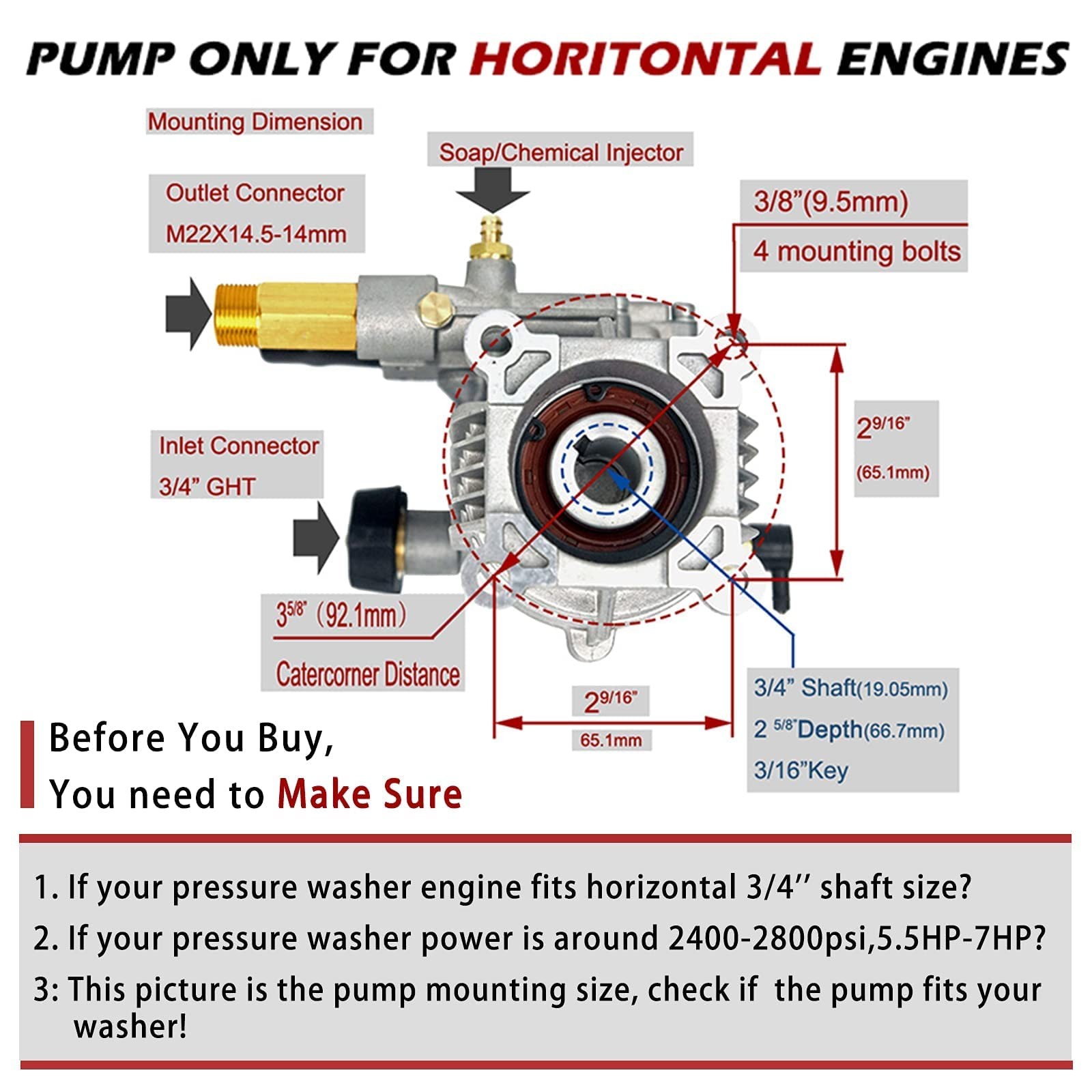 2400-2800PSI Pressure Washer Large, Silver 3/4” Horizontal Pump
