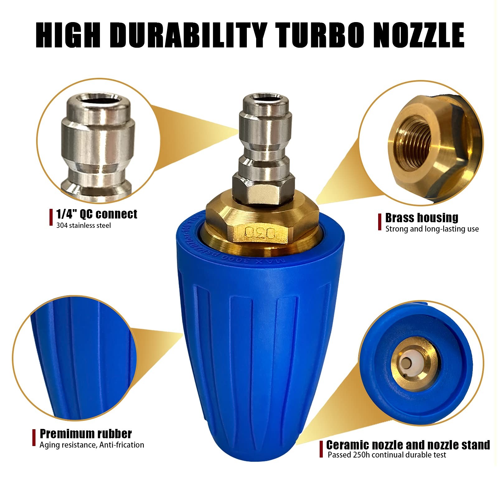 360° Rotating turbo nozzle for pressure washer, 3600 PSI, 2.5GPM, with 1/4″ q…
