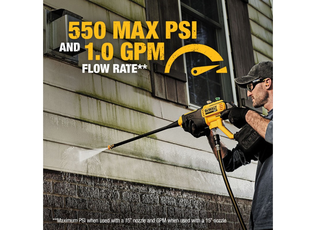 Cordless Electric Power Cleaner, 20 V Battery, 1.0 gpm, 550 psi Pressure, 20 ft