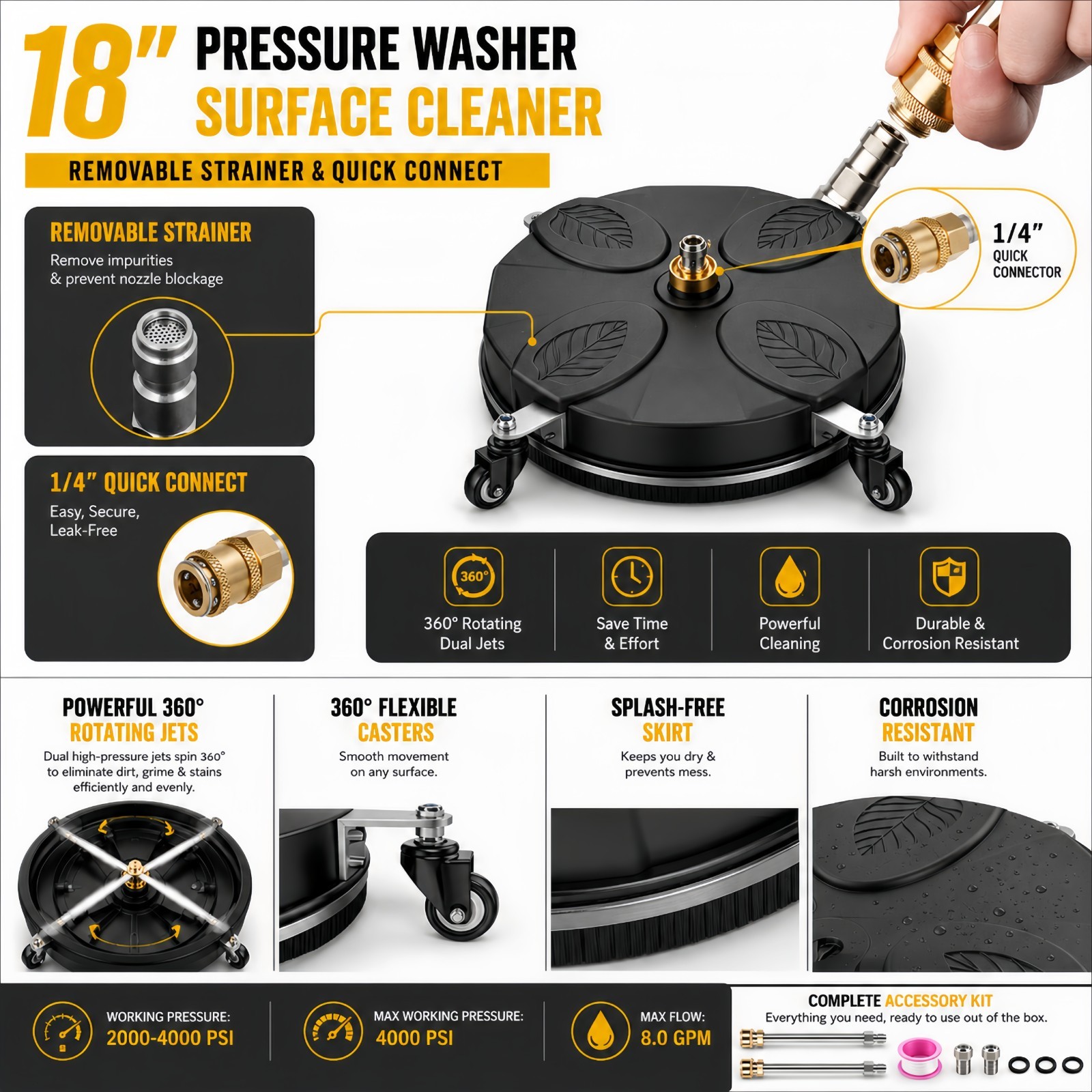 18″ Pressure Washer Surface Cleaner 4200PSI 8.0 GPM 120℉ Cleaning Attachment USA