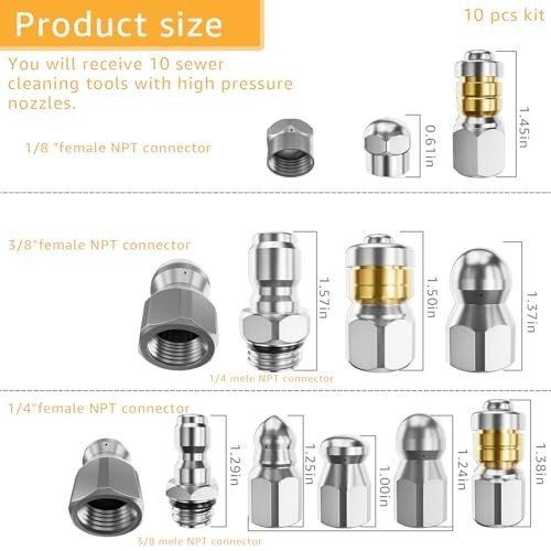 Jetter Nozzle Kit Pack of 10 Rotating Drain Cleaning Tips Stainless Steel