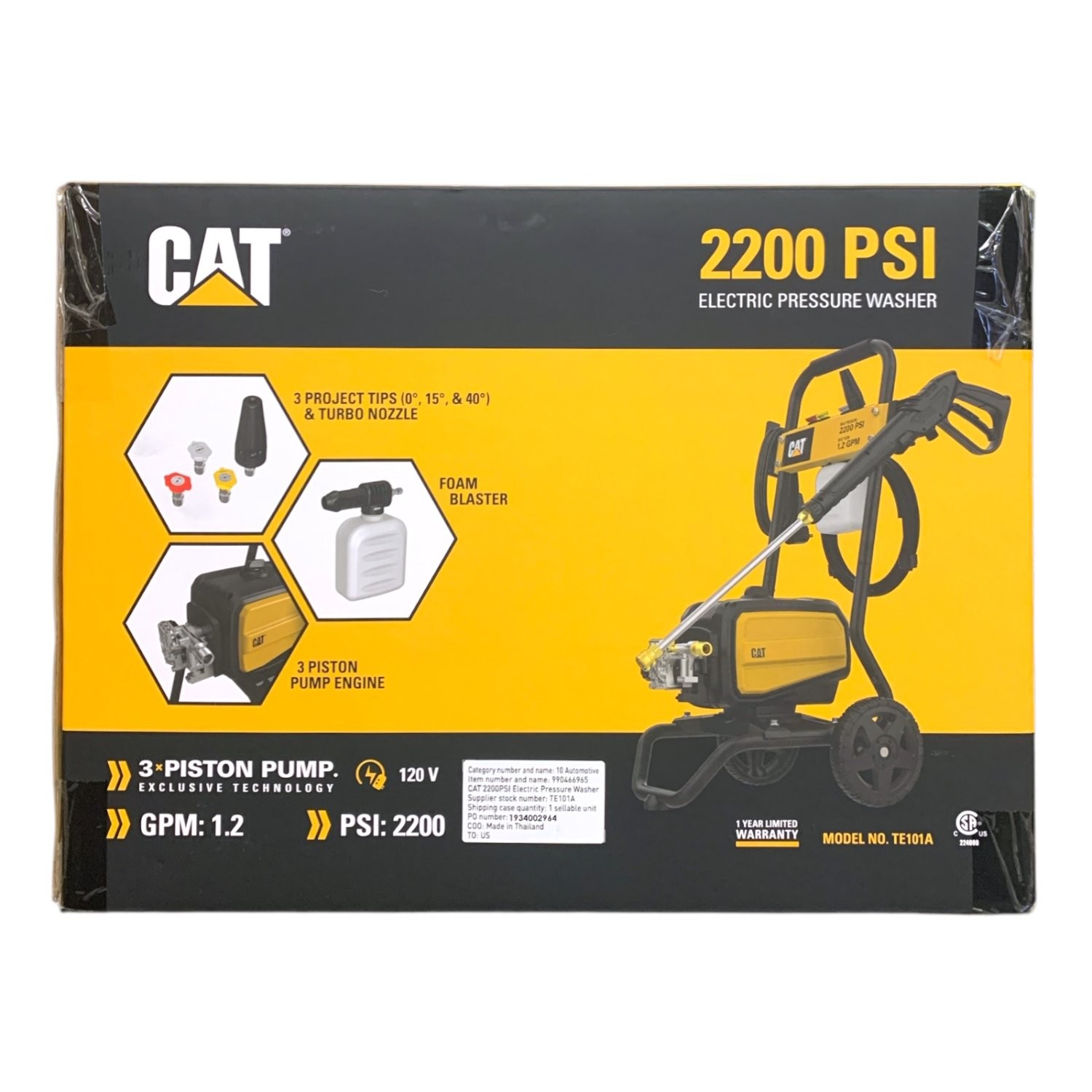 Cat 2200 PSI Electric Pressure Washer – 3 Tips & Turbo Nozzle, 1.2 GPM, 120 V