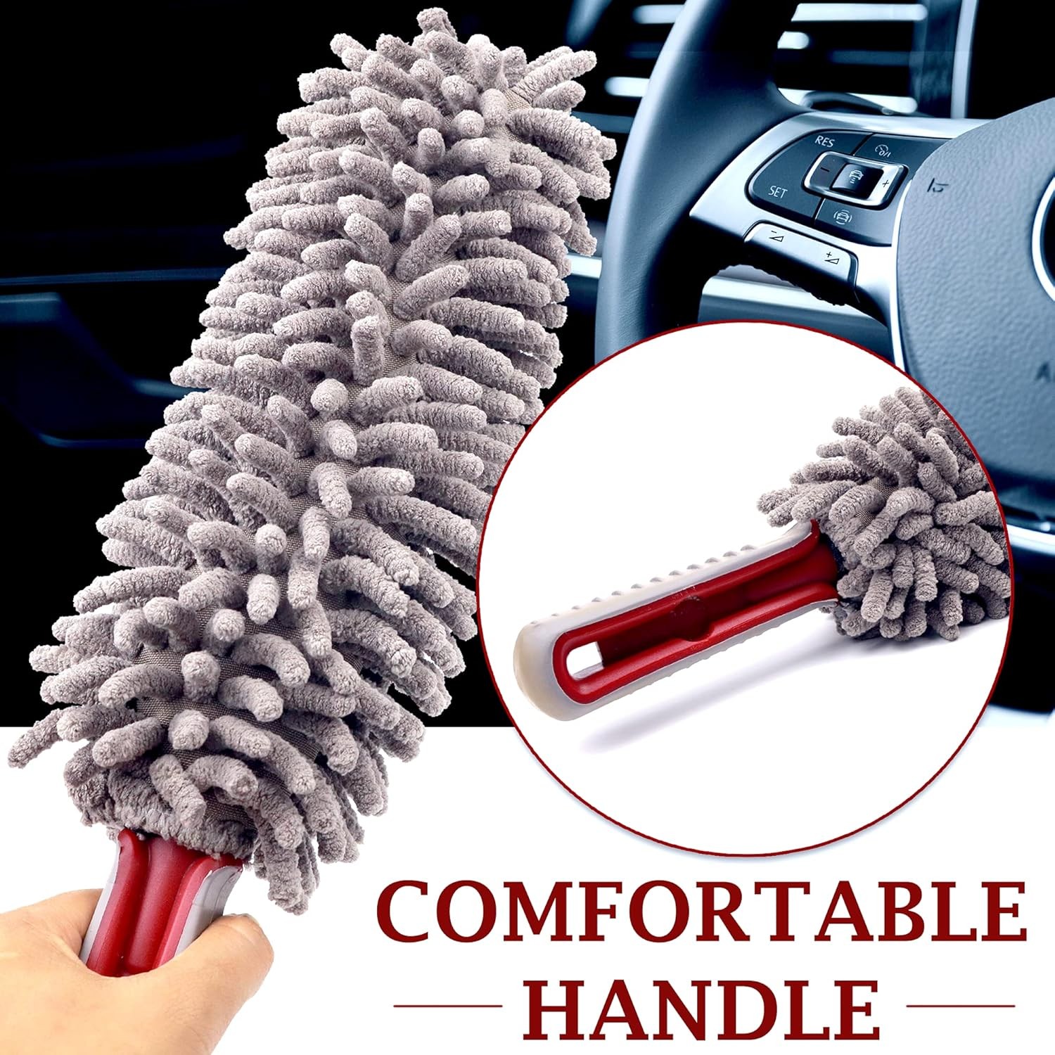 Car Duster Interior by TAKAVU, 360° Microfiber Chenille with Towel, Gray