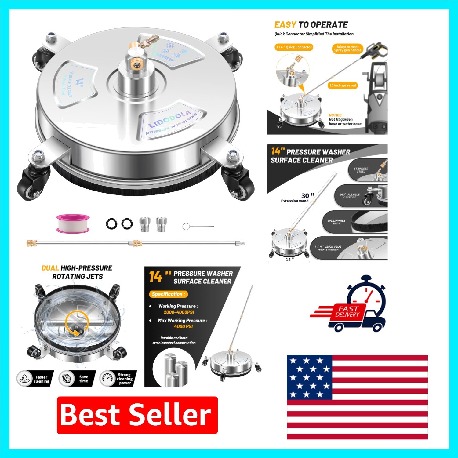 Professional-Grade 14″ Pressure Washer Surface Cleaner – Complete Accessory Set